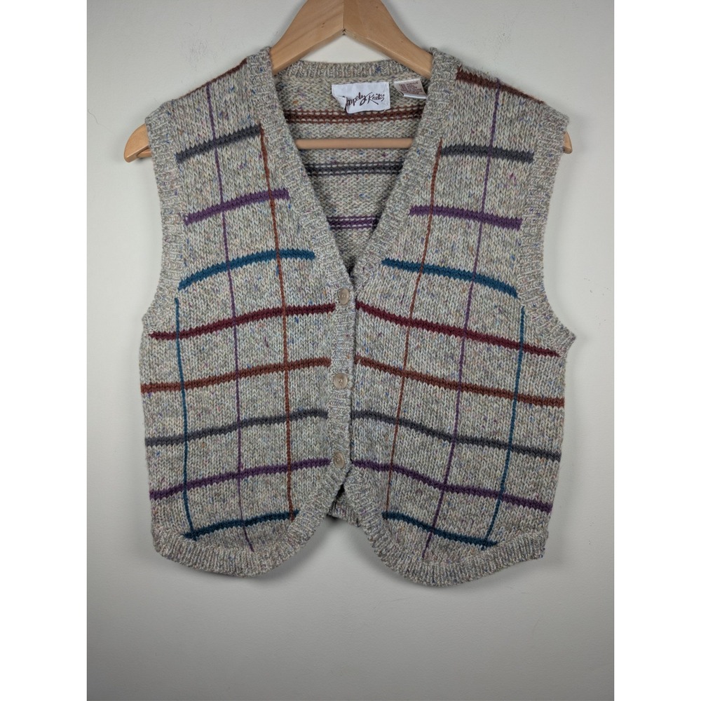 Shapely Knits Vintage Wool Blend Plaid Sweater Vest Tweed Donegal Fleck Gray M - Picture 6 of 7